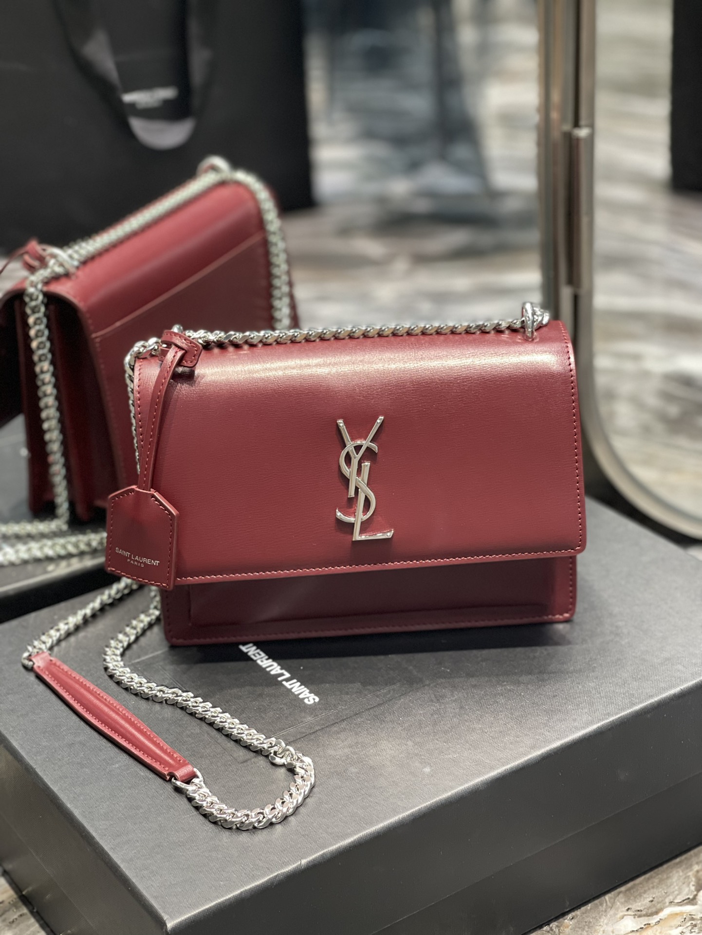Sa1nt Lau*nt Sunset Medium Chain Bag Red For Women 8.6in/22cm