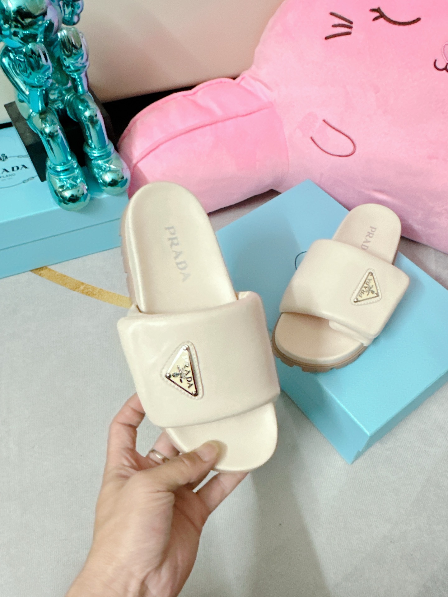 Pra*a Soft Padded Nappa Slides Light Beige For Women 0.8 in/ 2cm