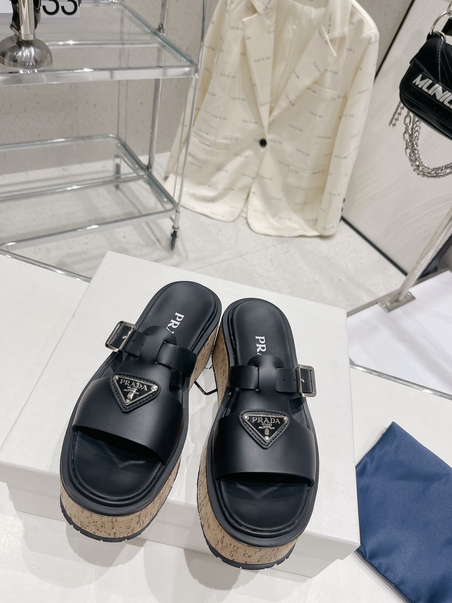 Pra*a Wedge Platform Sandals Black For Women 2.9 in/ 7.5 cm 1XX641_3LLP_F0002_F_075