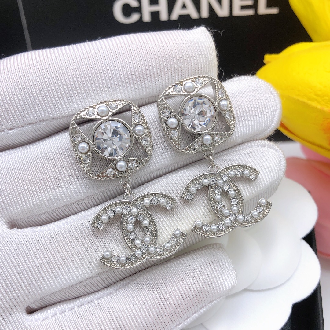 Ch**el Square Double C Stud Earrings White For Women
