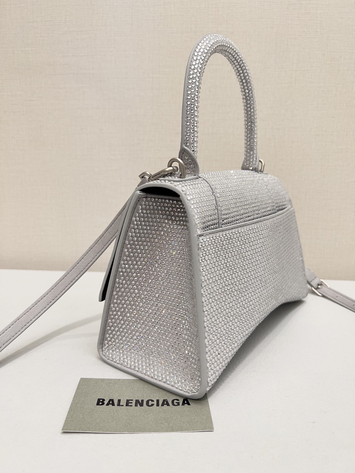 [True-to-ORIGINAL] Ba1en*iaga Furry Hourglass Small Handbag With Rhinestones In Grey For Women 24cm/9.4in