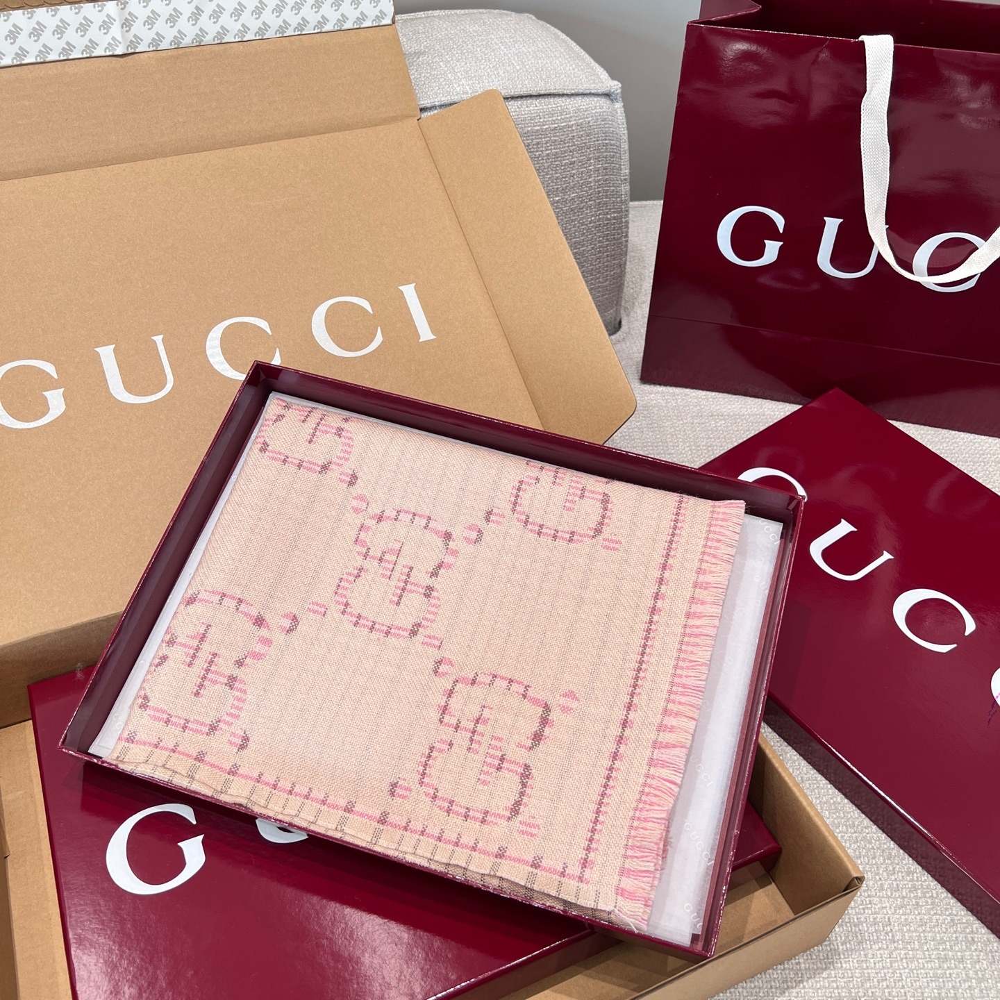 Gvc*1 Check GG Scarf Ivory And Pink 70.8in/180cm 774419 3GAMQ 9272