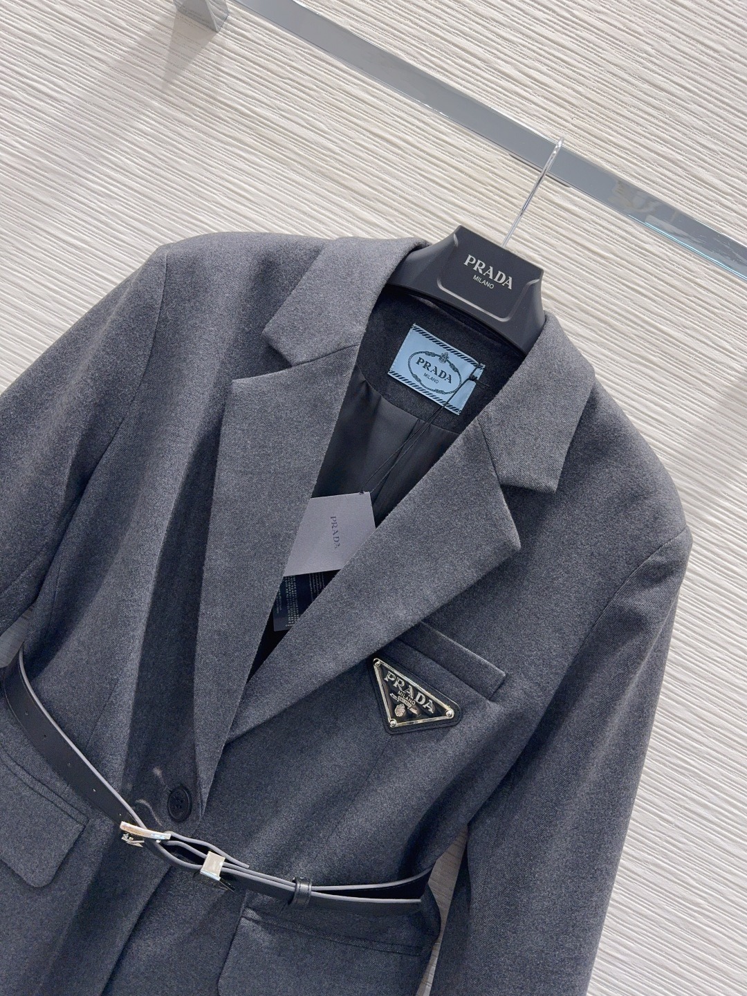 Pra*a Belted Tailored Blazer With Triangle Logo Grey For Women