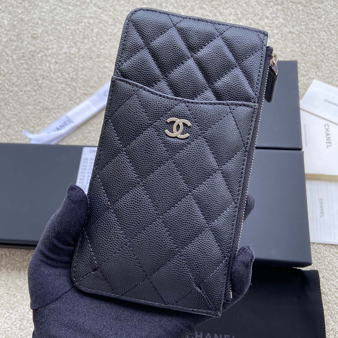 Ch**el CO-CO Mini Pouch Wallet 19.5cm/7.7in Silver Hardware For Women Black