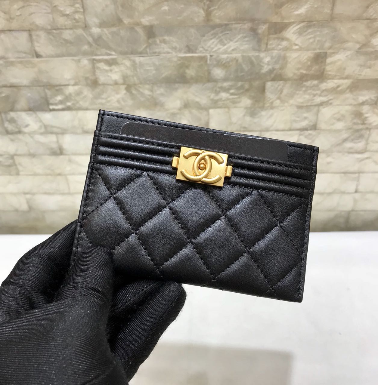 Ch**el CO-CO Card Holder Wallet Black Gold Hardware For Women 11cm/4.3in