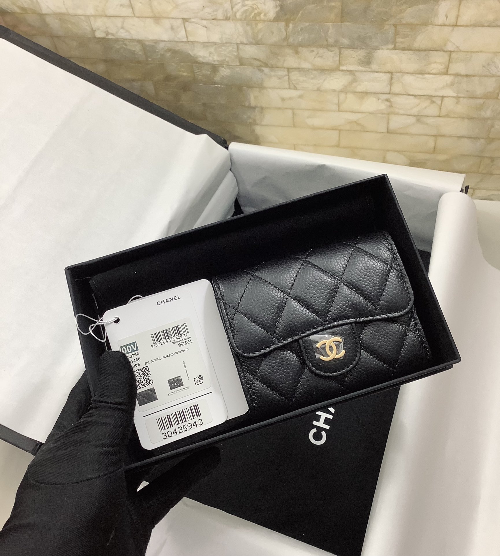 Ch**el CO-CO Classic Card Holder Black Gold Hardware For Women 11cm/4.4in