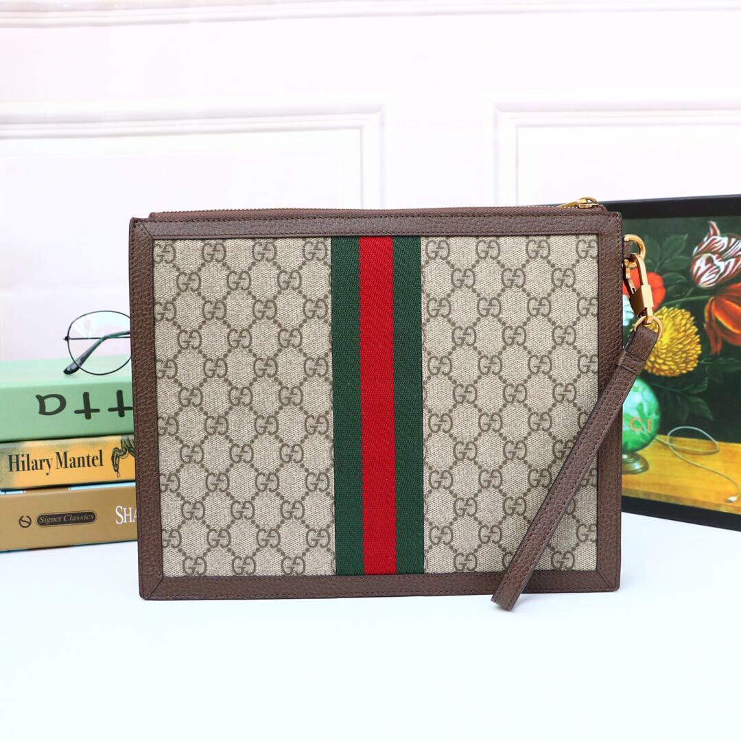 Gvc*1 Ophidia Pouch With Web Beige And Ebony GG Svp*me Canvas For Men 9in/24cm GG 672989 96IWT 8745