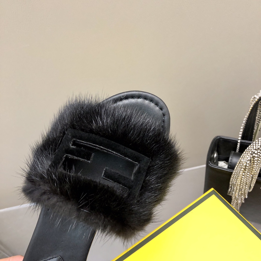 F**di Signature Black Mink Slides For Women